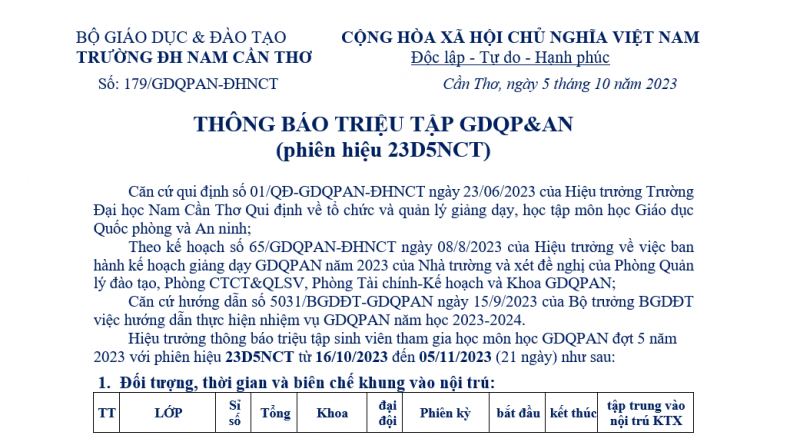 Thông Báo Triệu Tập Gdqp&an (phiên Hiệu 23d5nct) 